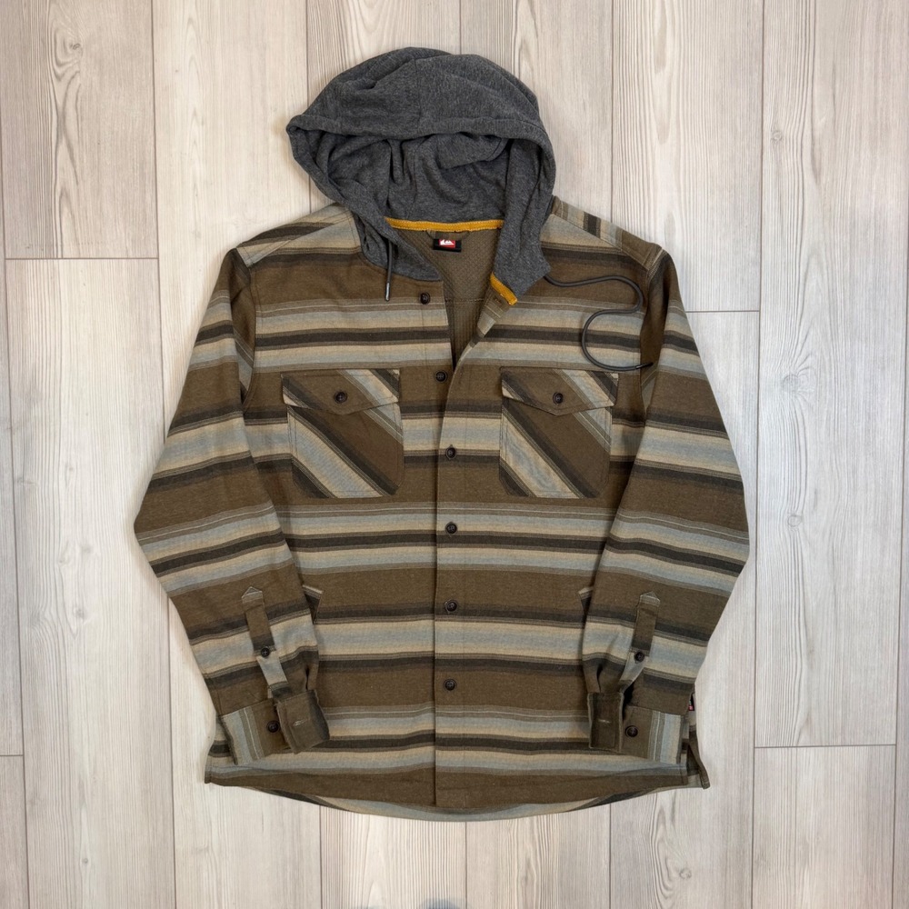 Quiksilver Mens Large Brown Striped Waffle Lined Hooded Flannel Shirt Jacket
